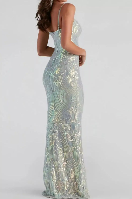 Evie's Dreamland sky blue allover-sequin mermaid maxi gown with a fitted silhouette