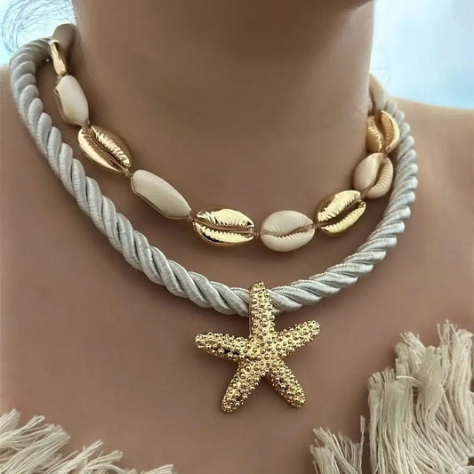 2-Piece Beaded Shell Starfish Rope Necklace Set – Women's Boho Layered Beach Jewelry