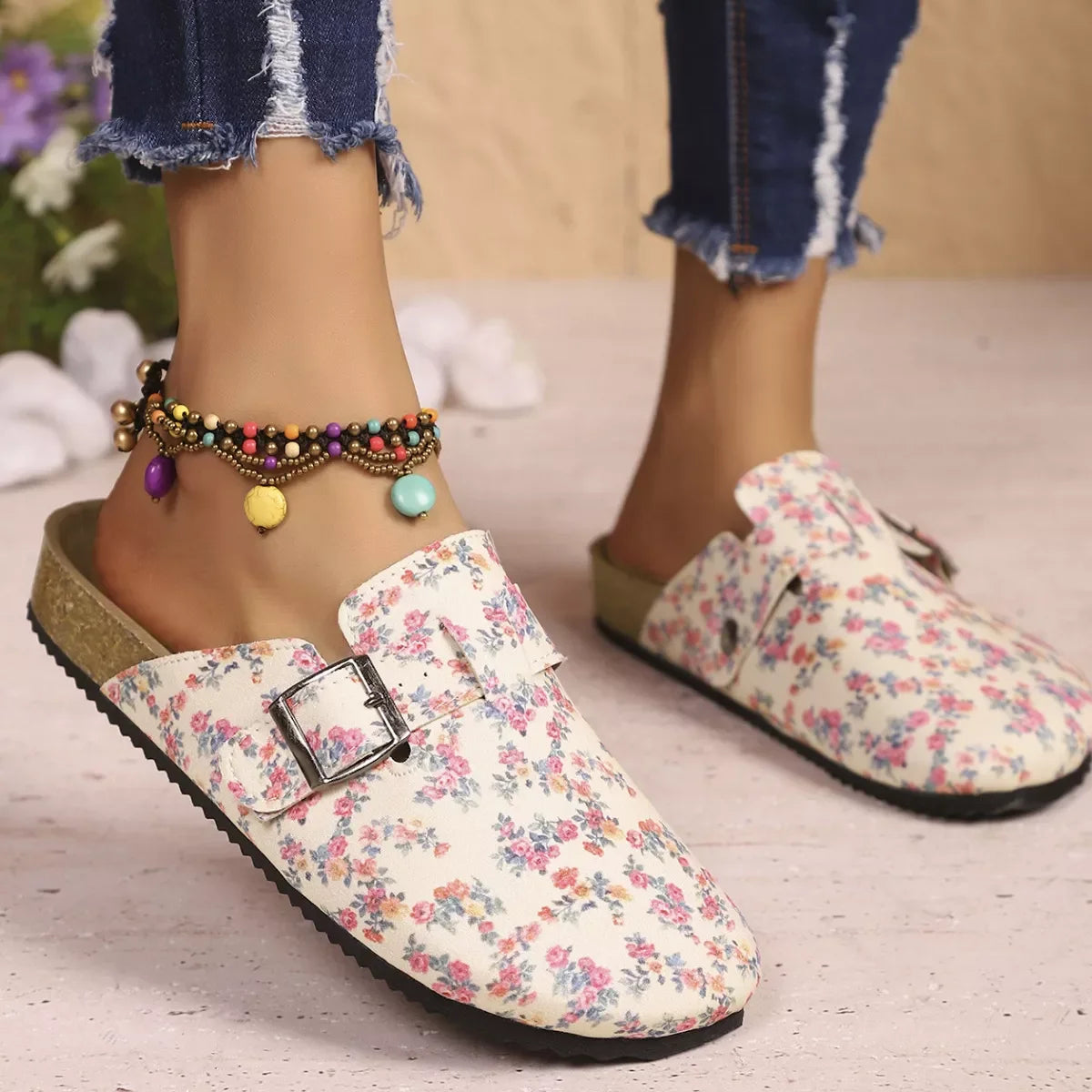 Floral print comfortable flat mules for women, angled view