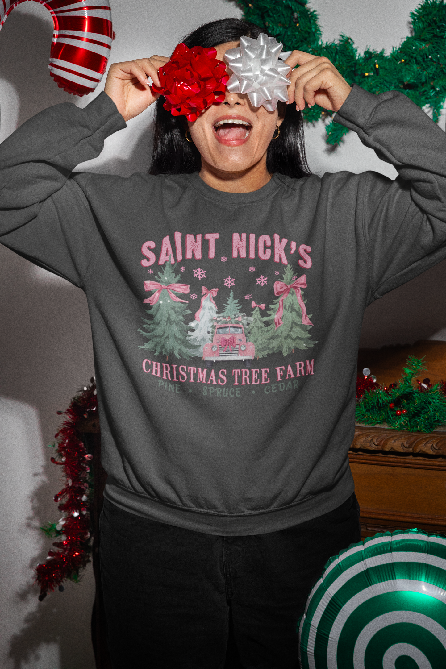 Saint Nick’s Christmas Tree Farm Sweatshirt – Vintage Pink Truck Holiday Pullover