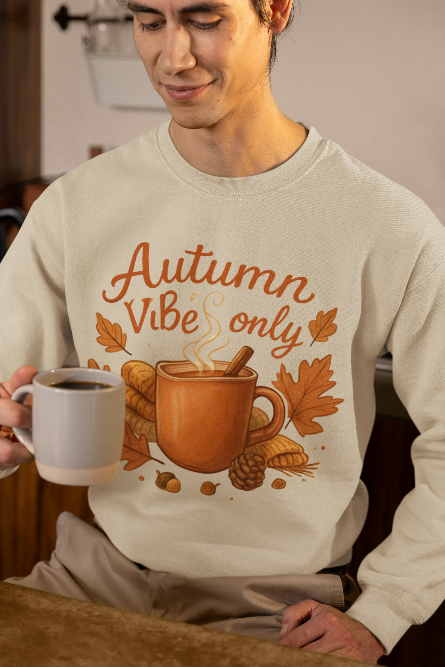 Man wearing soft cotton Autumn Vibes Only Sweatshirt during fall picnic