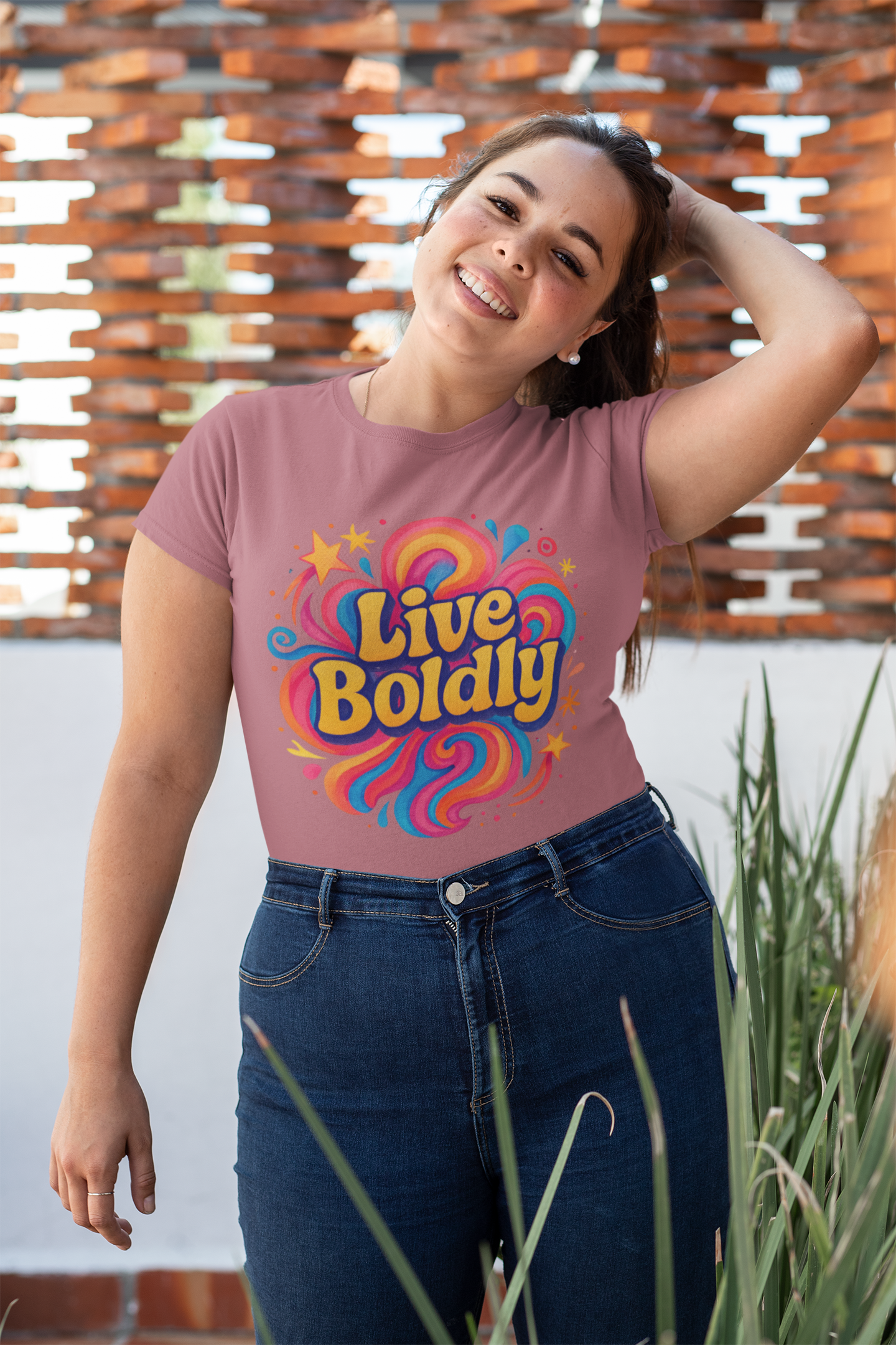 Live Boldly slogan t-shirt folded flat, showing garment-dyed finish.