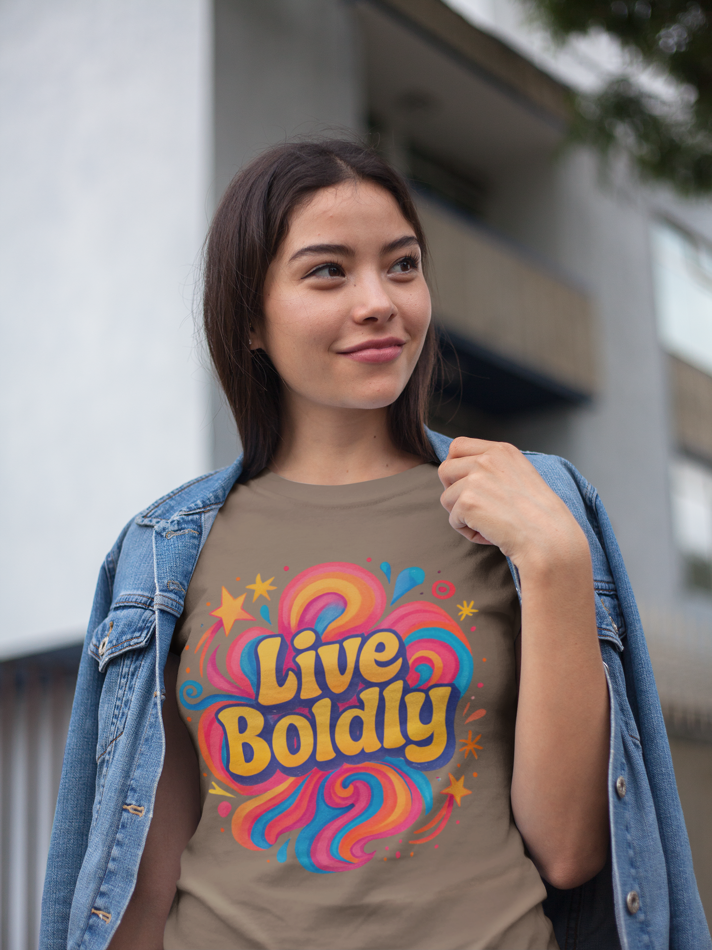 Woman wearing a brown t-shirt with 'Live Boldly' design outdoors