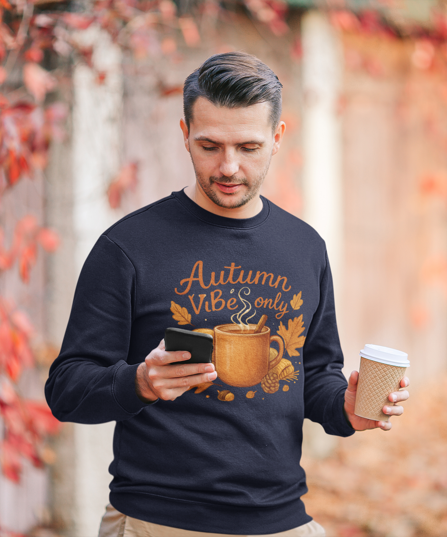 Unisex Autumn Vibes Only Sweatshirt folded on rustic wooden table with pumpkins