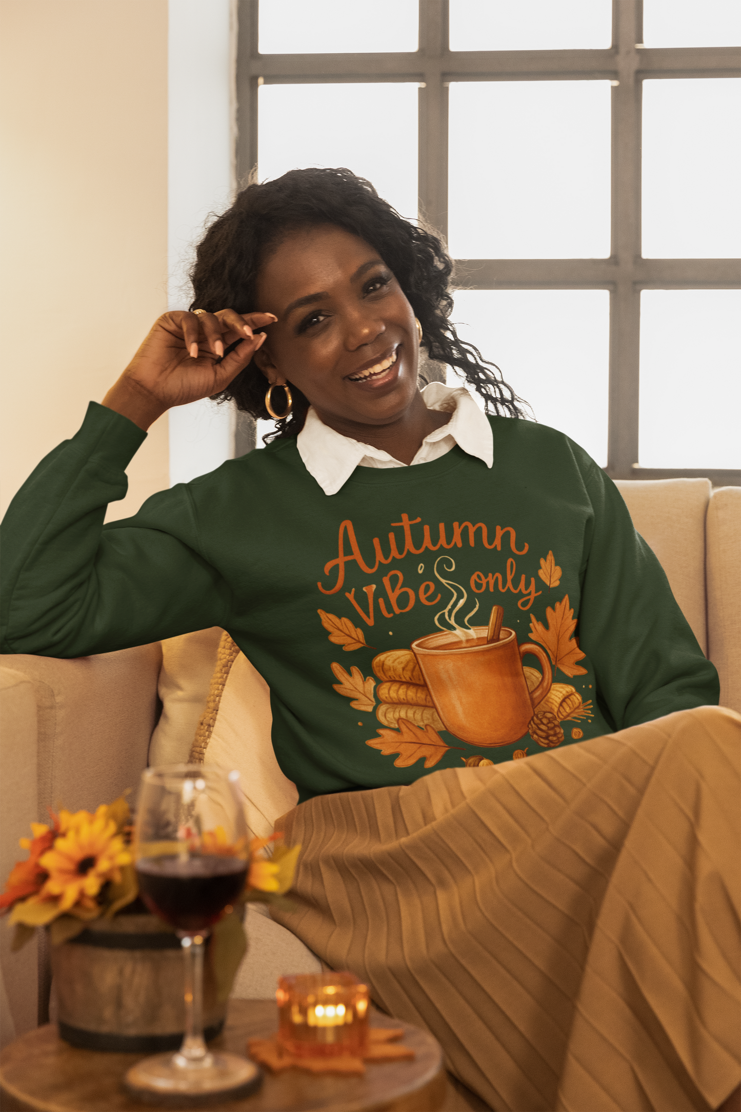 Cozy autumn outfit featuring Autumn Vibes Only Sweatshirt and scarf