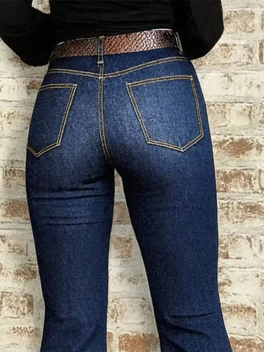 Women's high-waisted flare jeans in dark blue denim