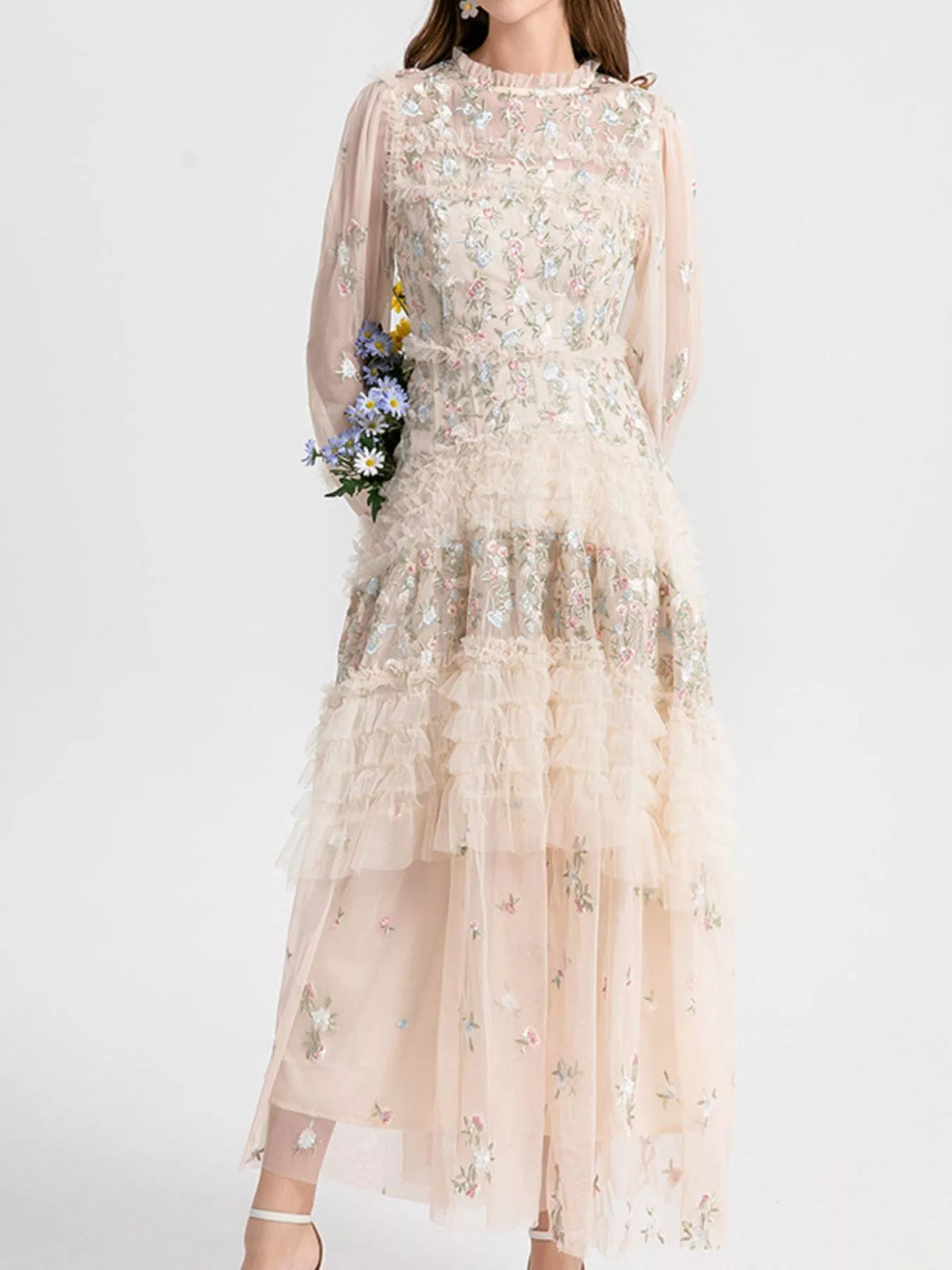 Apricot floral embroidered tulle maxi dress by Evie's Dreamland for weddings