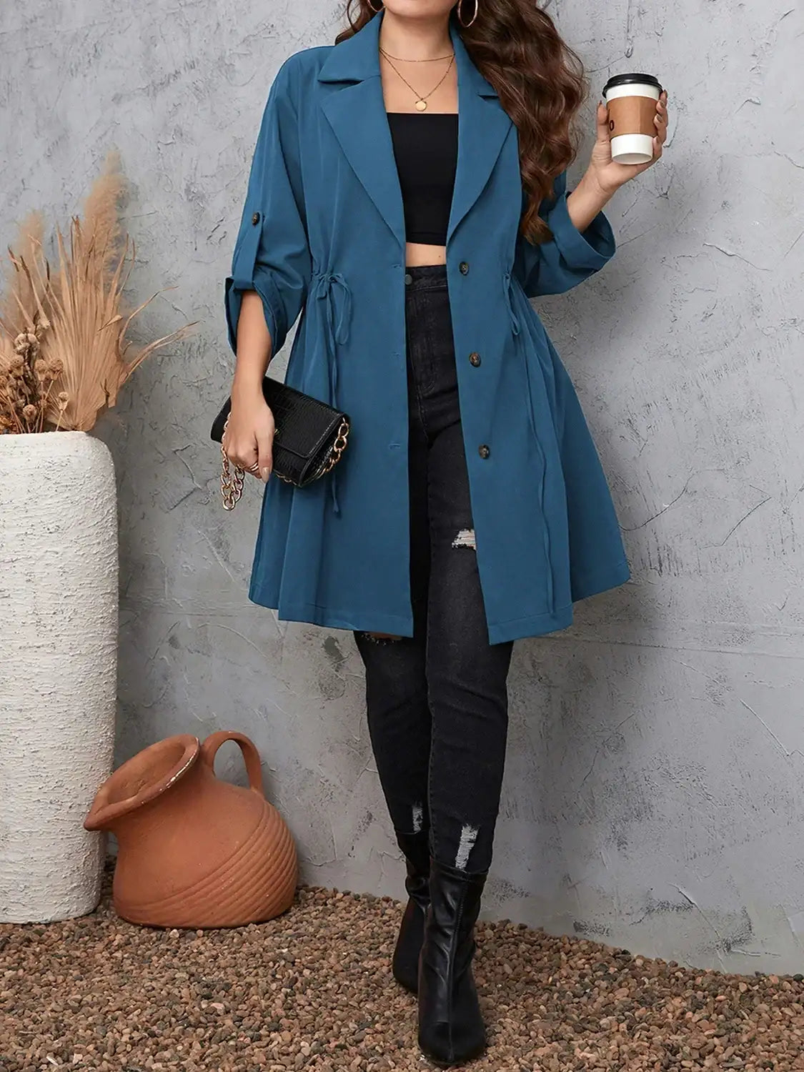 Plus Size Lapel Collar Drawstring Trench Coat