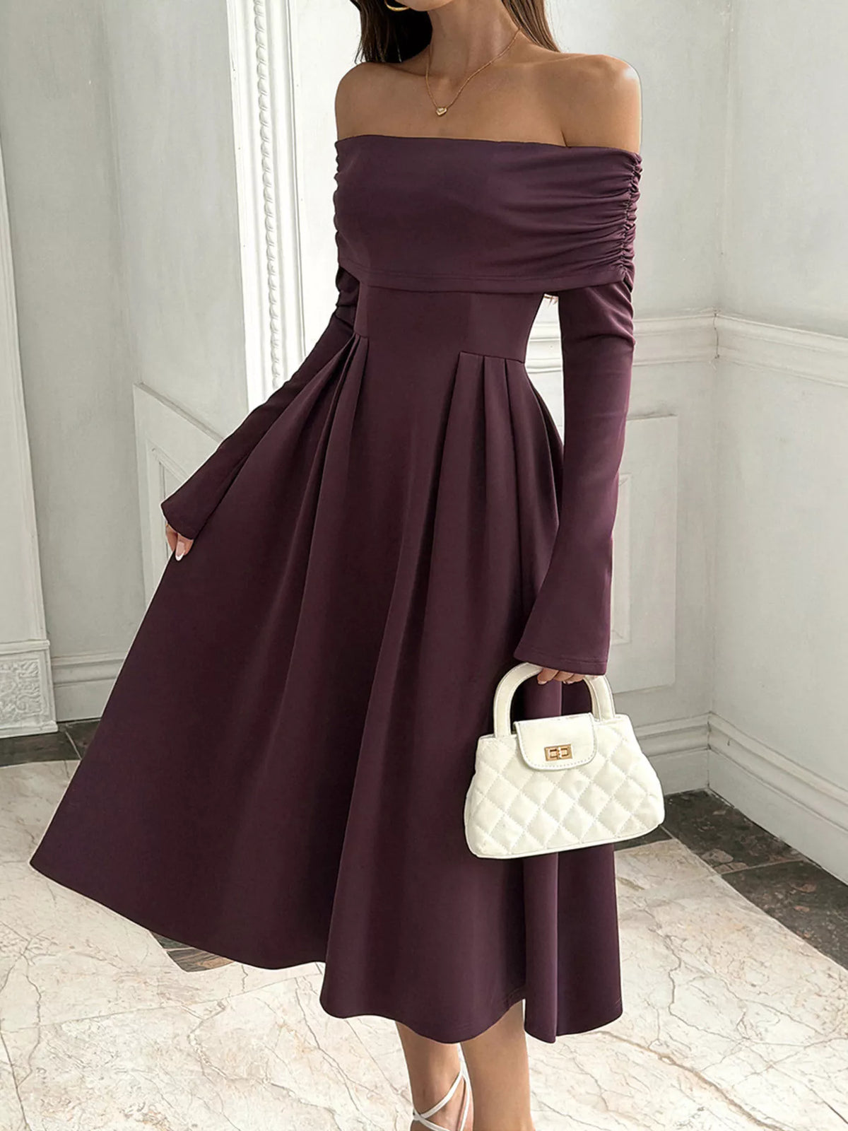 Coffee brown ruched off-shoulder midi dress - side view