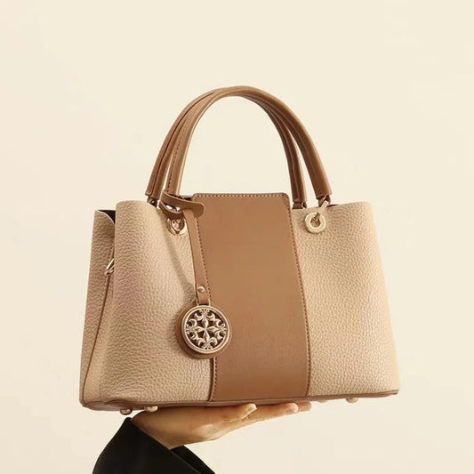 Two Tone Leather Top Handle Handbag — Medium Chic Elegant Bag