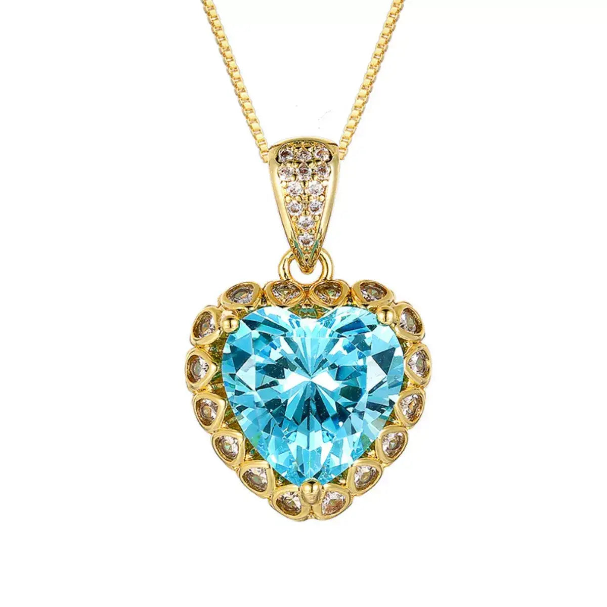 18K gold-plated heart-shaped aquamarine pendant necklace by Evie's Dreamland with a diamond halo.