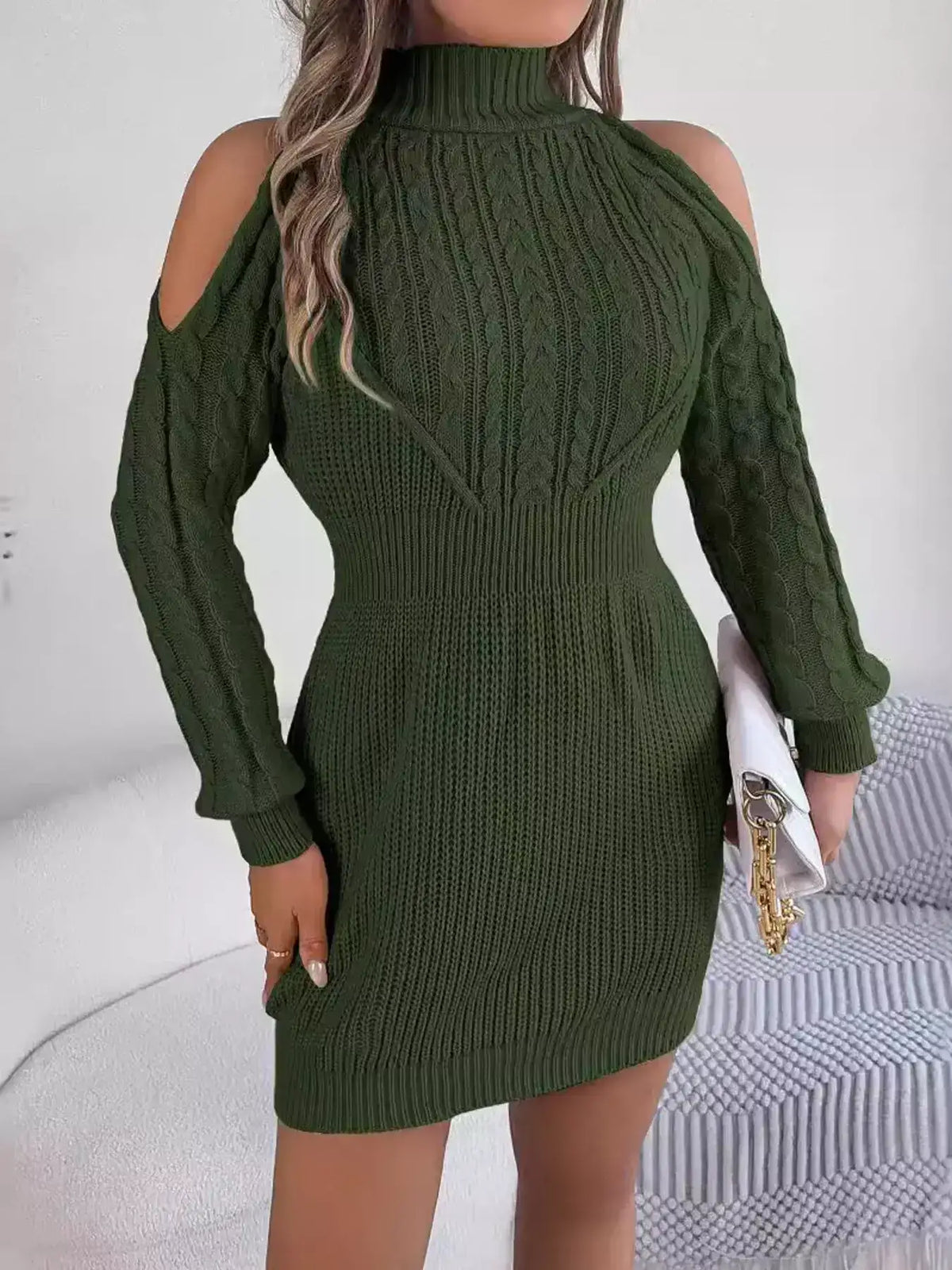 Olive green cold shoulder cable knit turtleneck sweater dress from Evie's Dreamland.