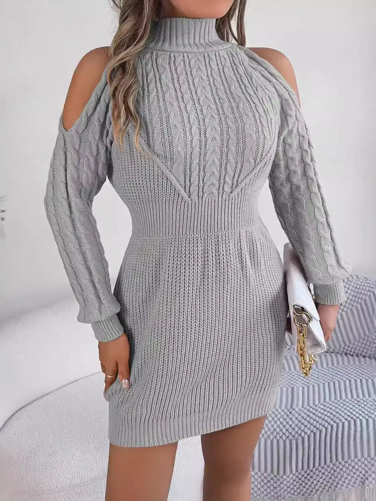 Grey cable knit turtleneck sweater dress with cold shoulder sleeves by Evie's Dreamland.