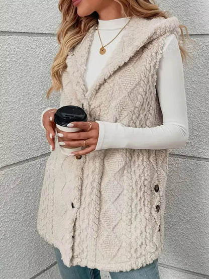 Woman wearing beige knit textured sleeveless vest with side buttons, holding coffee cup