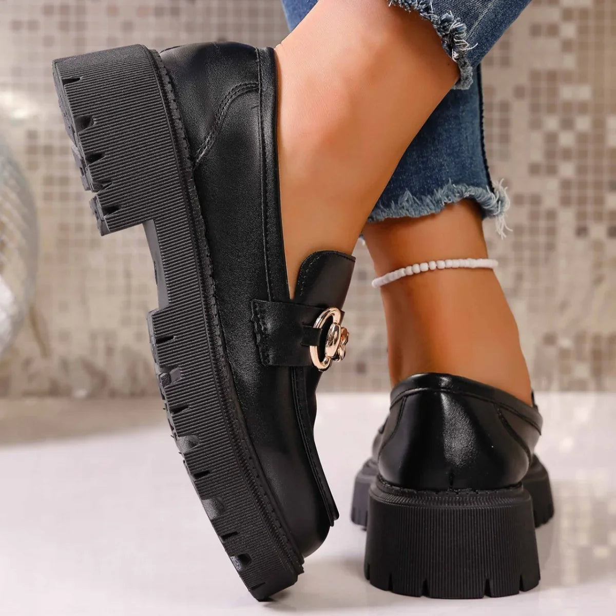 Women's chain decor round toe loafers in black, full product view