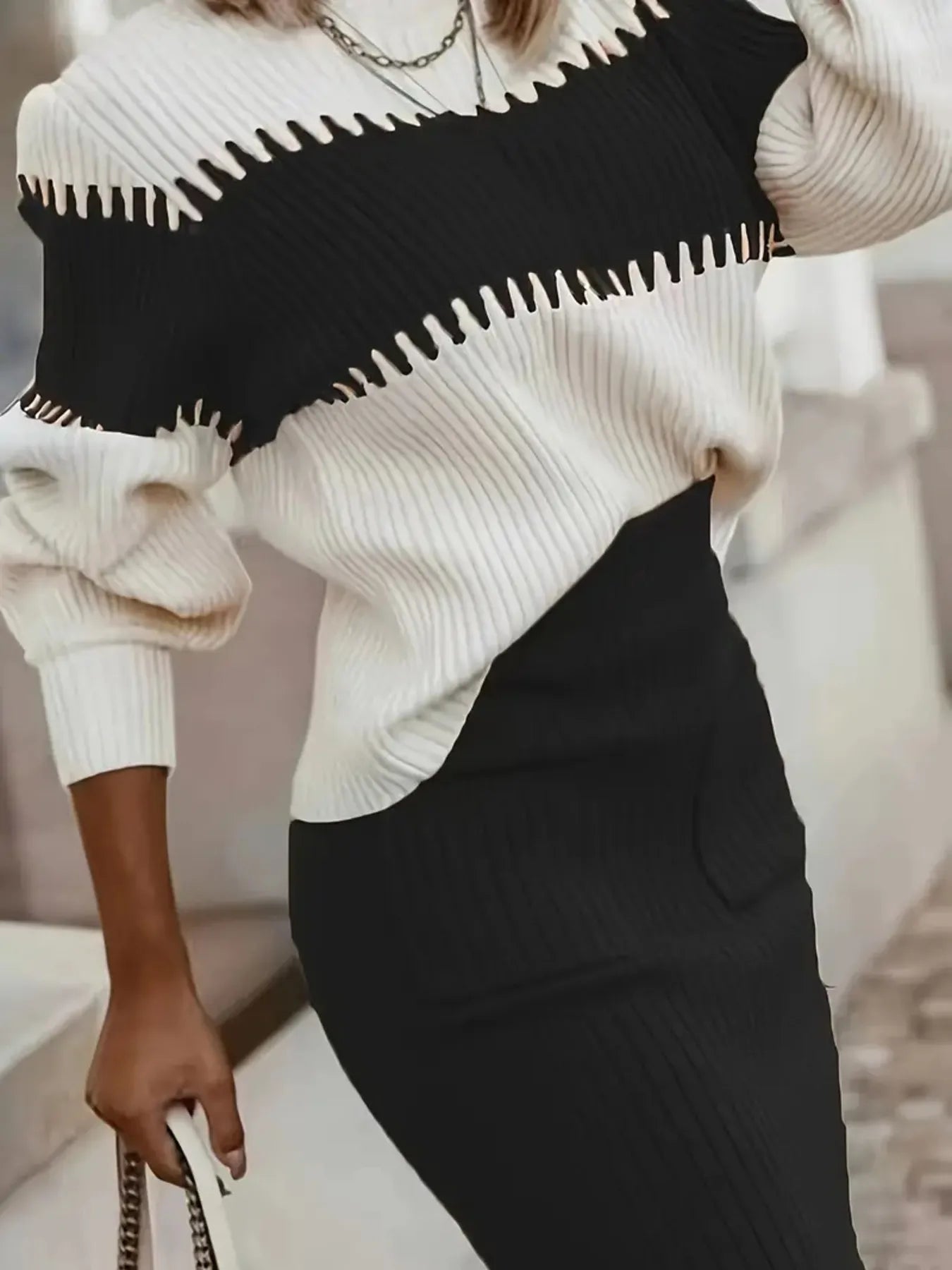 Two-Tone Ribbed Knit Sweater Set