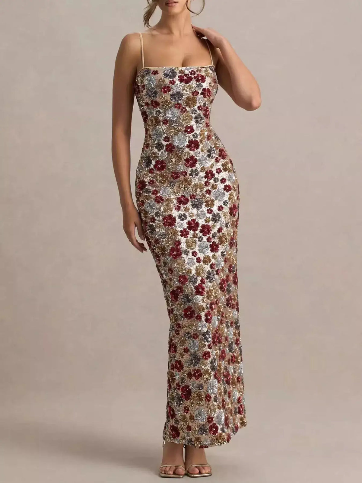 Evie's Dreamland floral sequin bodycon maxi dress with spaghetti straps and square neckline.