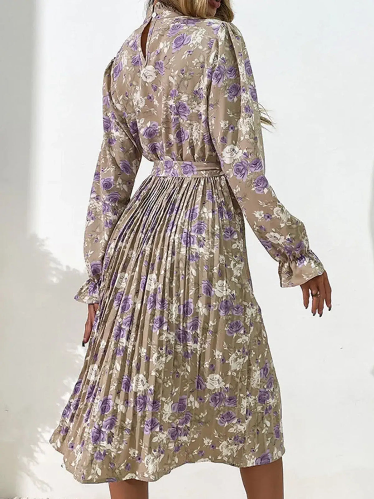 Khaki floral long sleeve pleated midi dress - detail