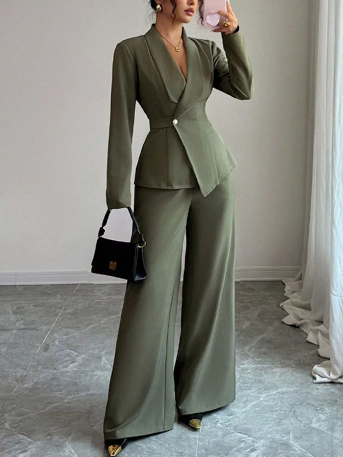 One Button Blazer and Pants Set Elegant Tailored Suit Style