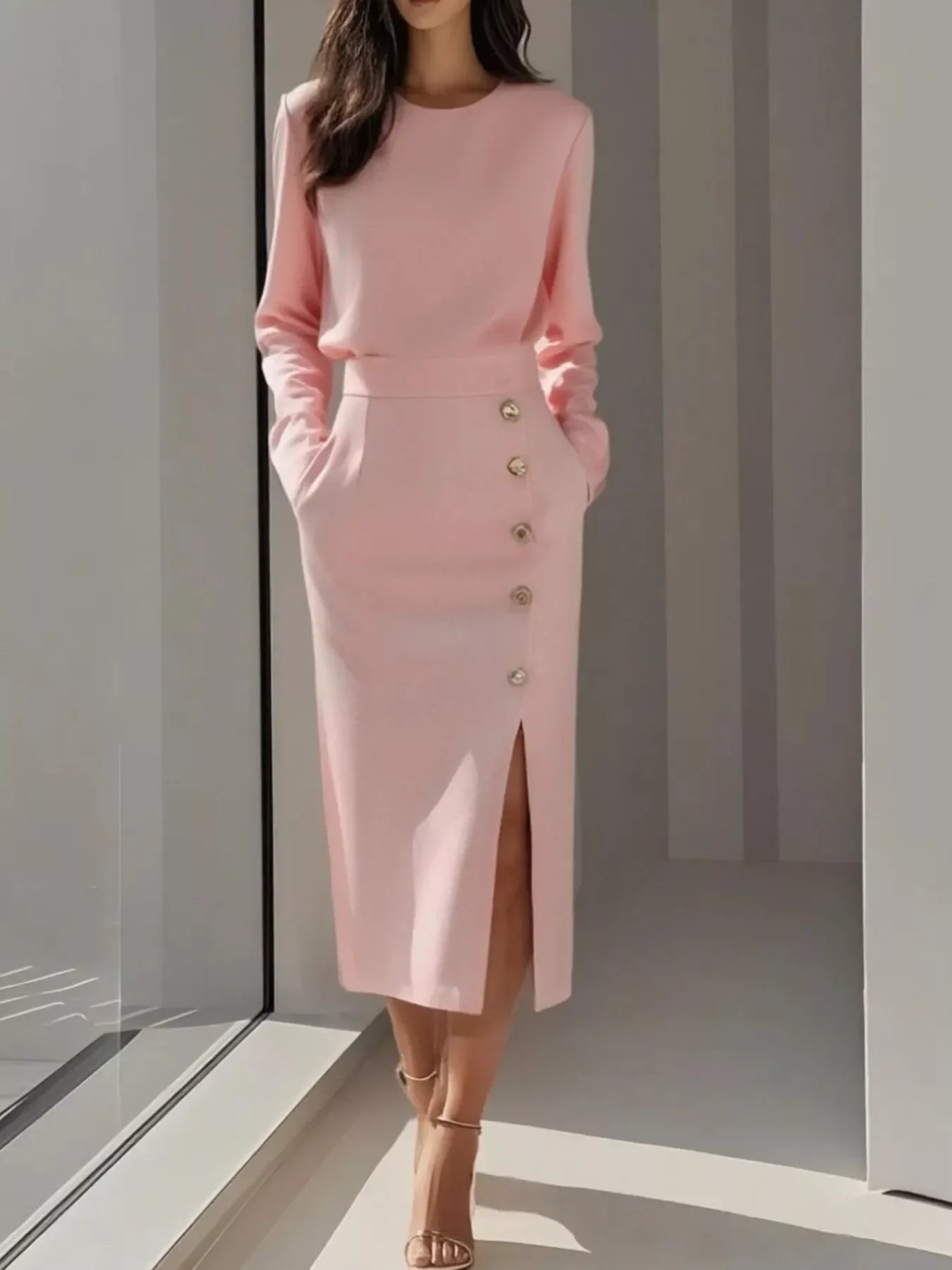 Long Sleeve Button Detail Midi Dress with Slit and Pockets