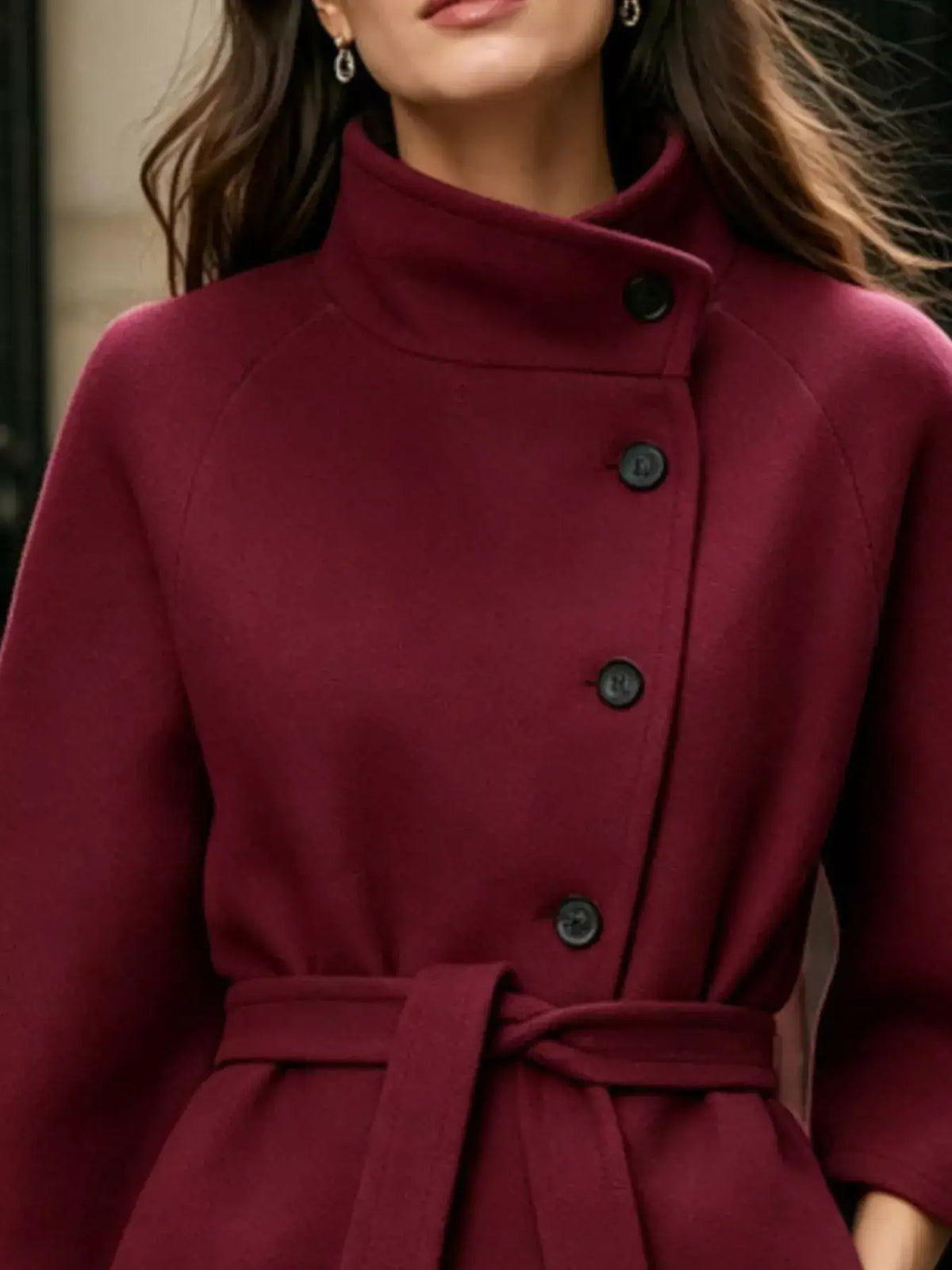 Burgundy button-down cape coat by Evie's Dreamland featuring a high collar and belted waist.