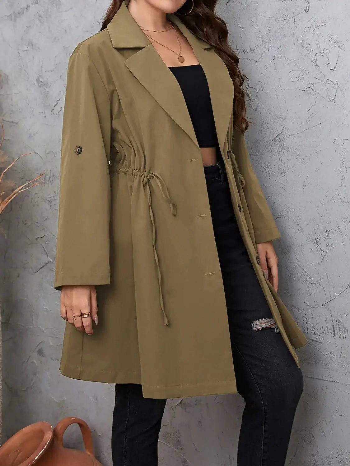 Plus Size Lapel Collar Drawstring Trench Coat