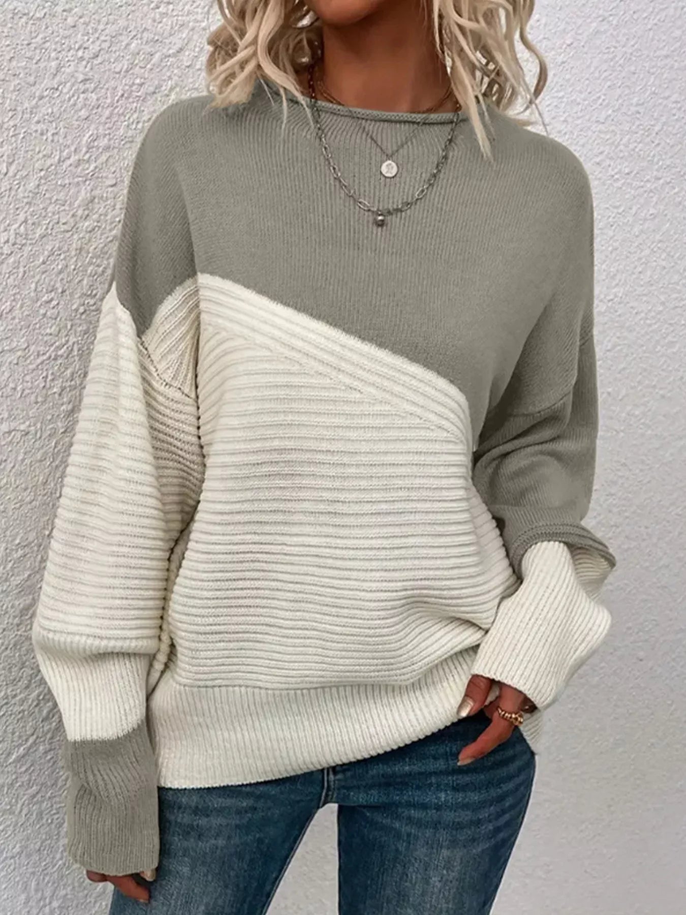 Color Block Ribbed Knit Sweater
