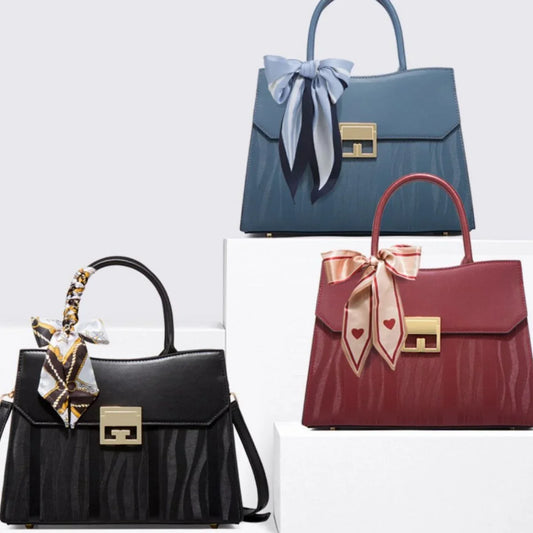 Scarf Decor Leather Handbag — Medium PU Elegant Chic Handle Bag