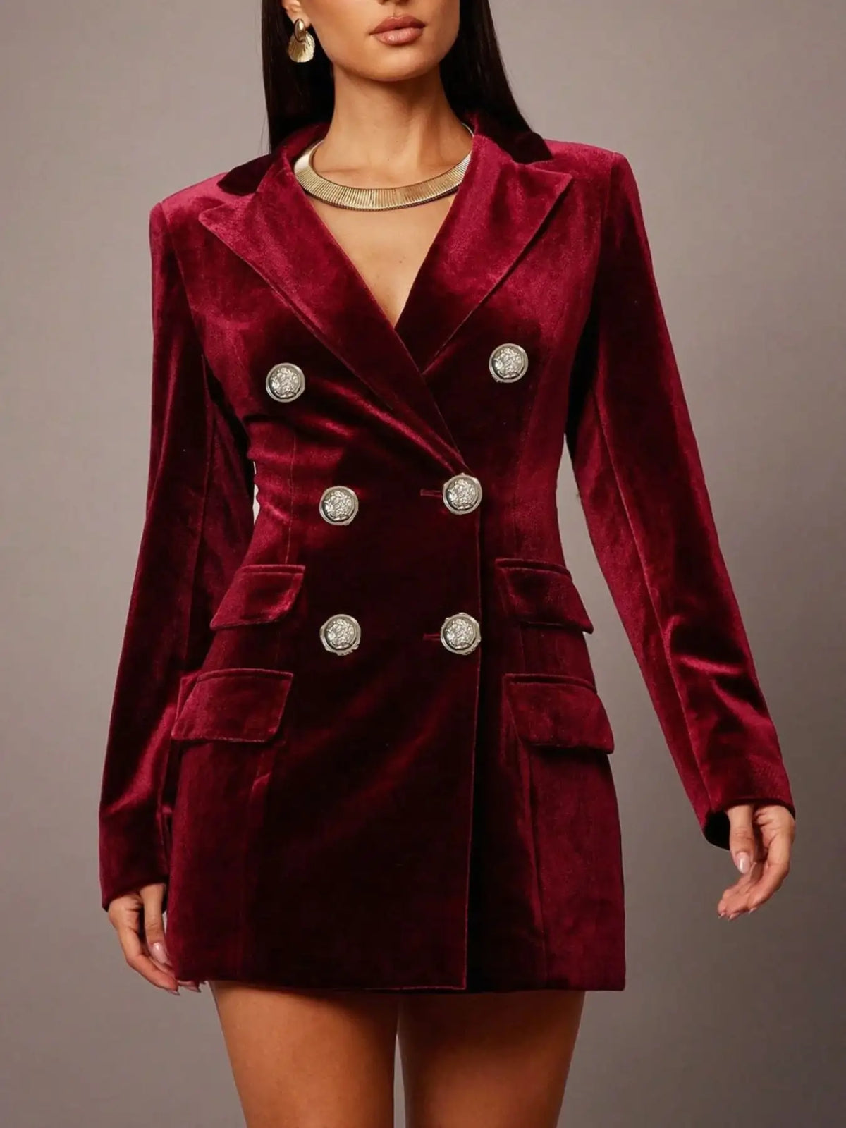 Burgundy velvet double-breasted blazer dress by Evie's Dreamland with silver buttons and long sleeves.