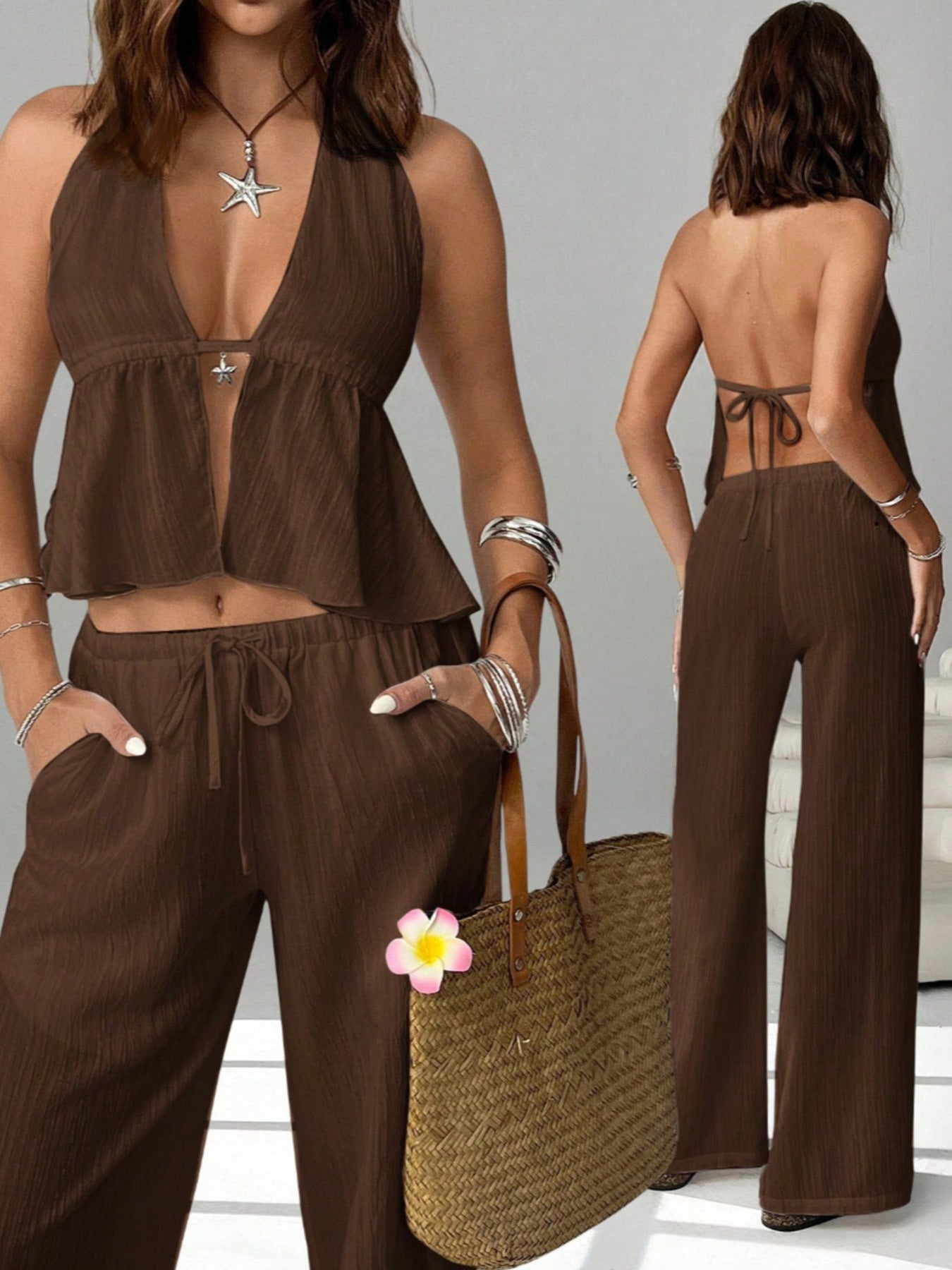 Woman wearing brown sleeveless halter top and wide leg pants, holding woven tote bag