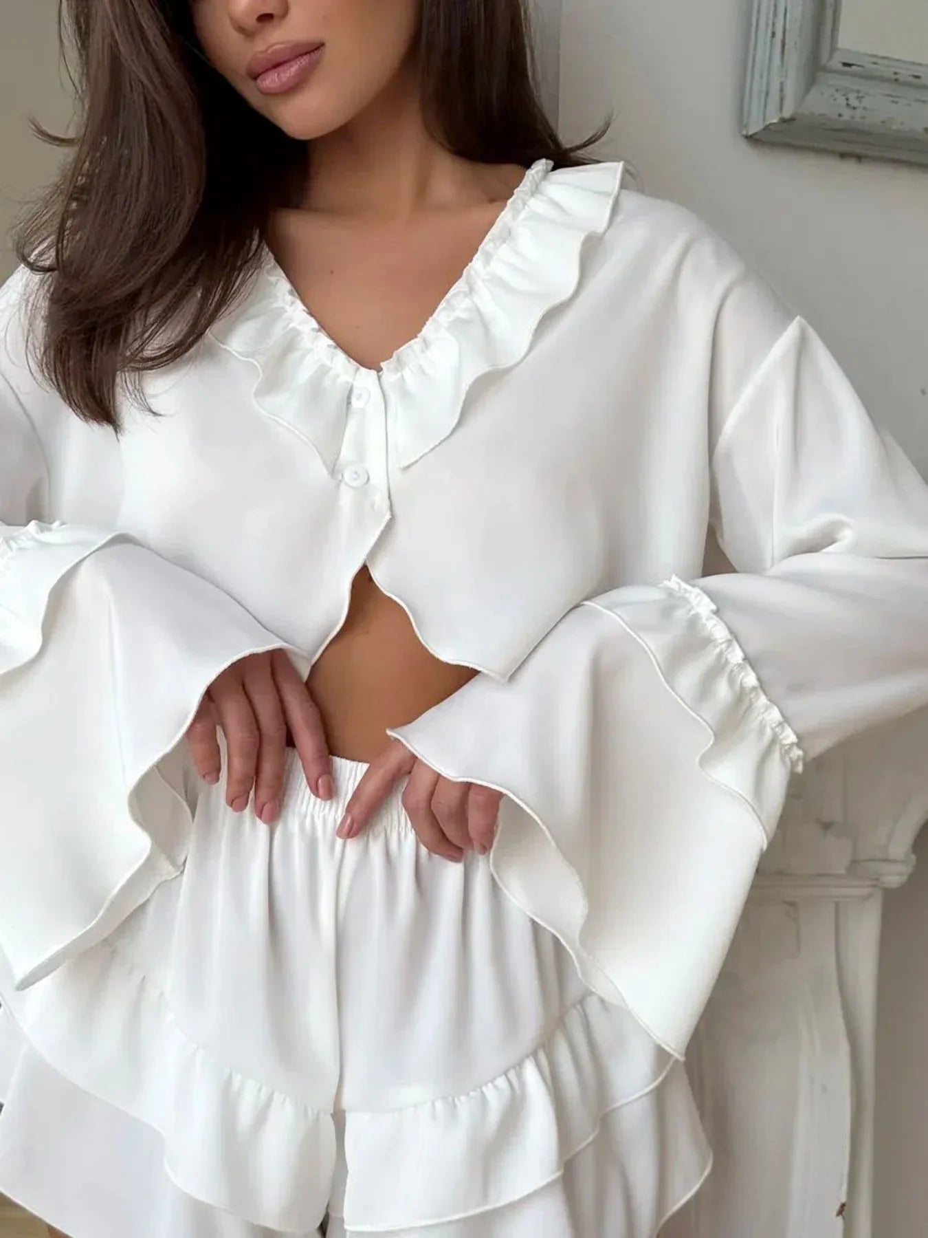 Ruffled V Neck Top and Shorts Set Two Piece Chic Summer Outfit