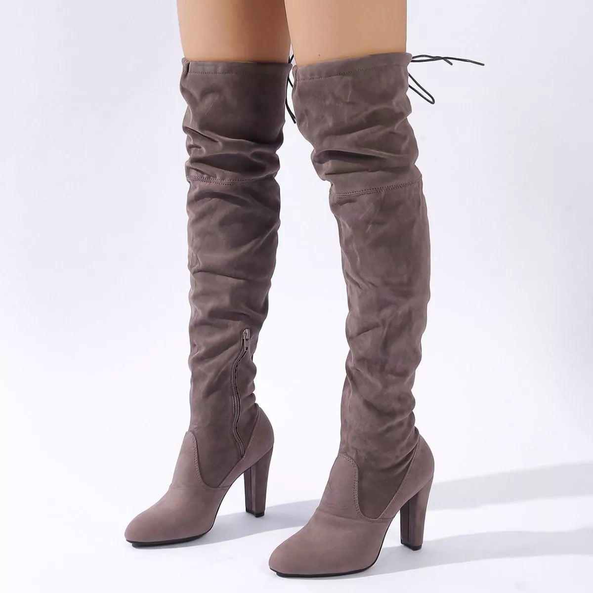 Women's mauve faux suede over-the-knee boots with high block heels