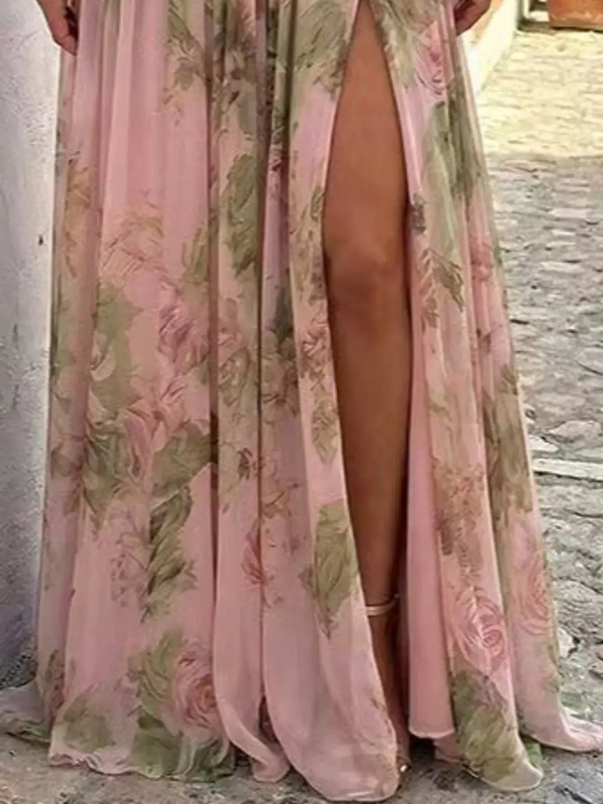 Pink floral chiffon maxi dress by Evie's Dreamland featuring a high thigh slit.
