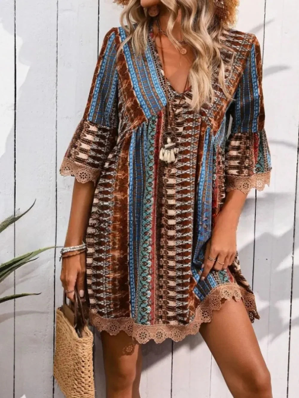 Boho print lace-trim mini dress, side view
