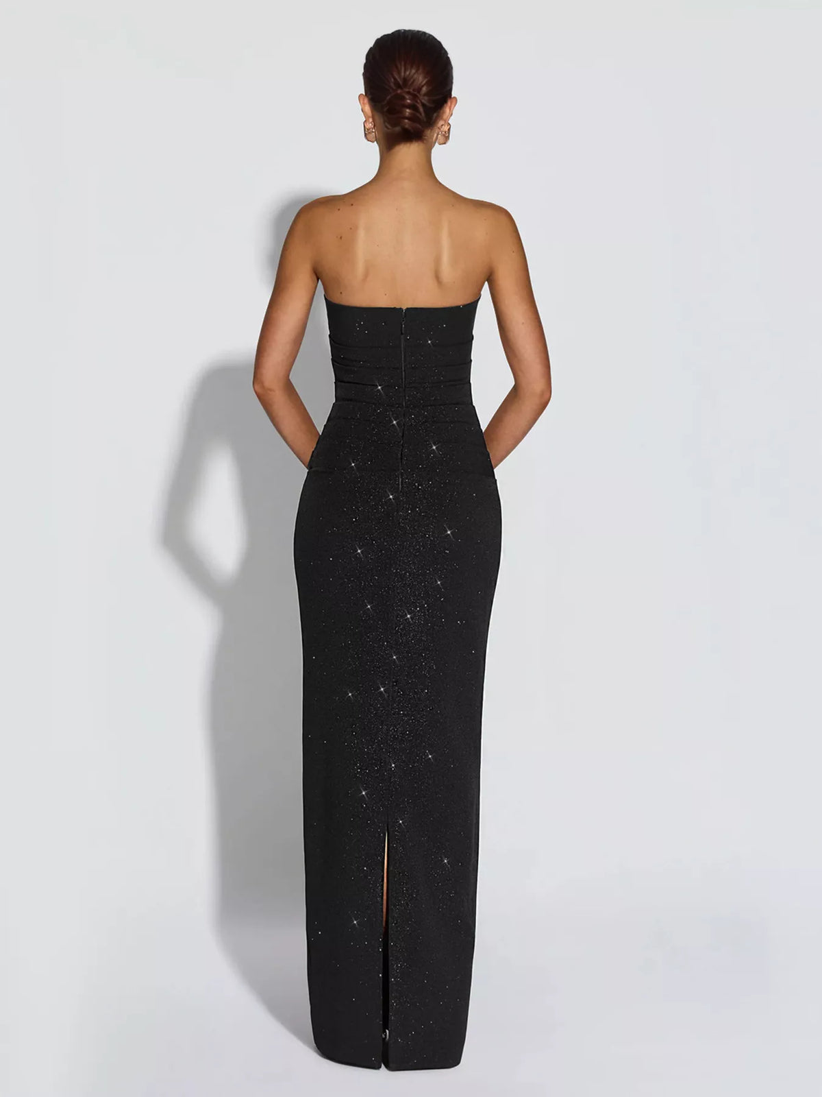 Black glitter maxi dress with draped scarf - styled