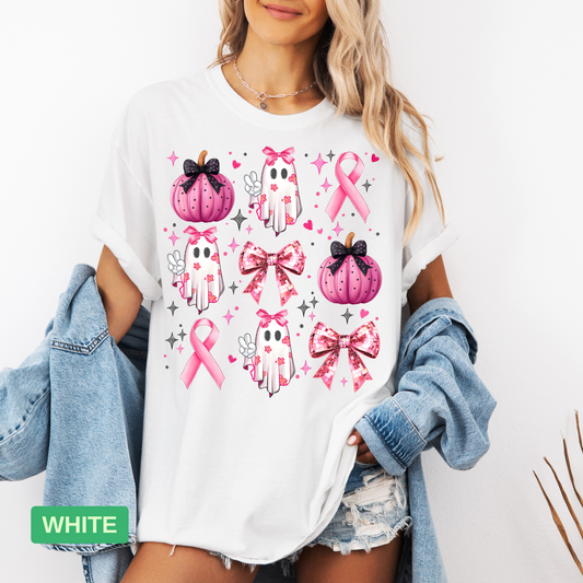 Pink Halloween T-Shirt | Spooky Breast Cancer Awareness Ghost & Pumpkin Tee - Evie's Dreamlands