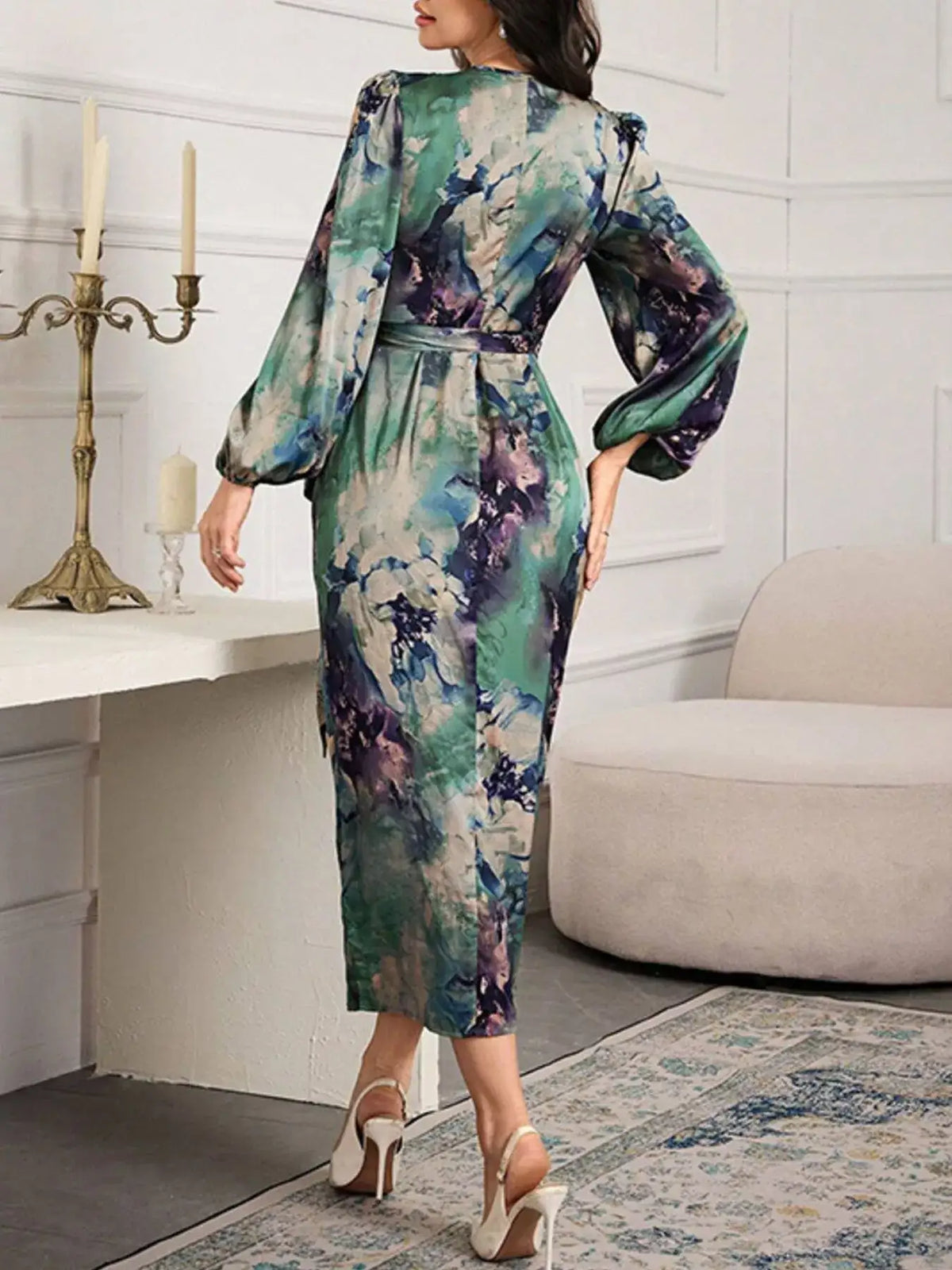 Green balloon sleeve tie waist dress styled look