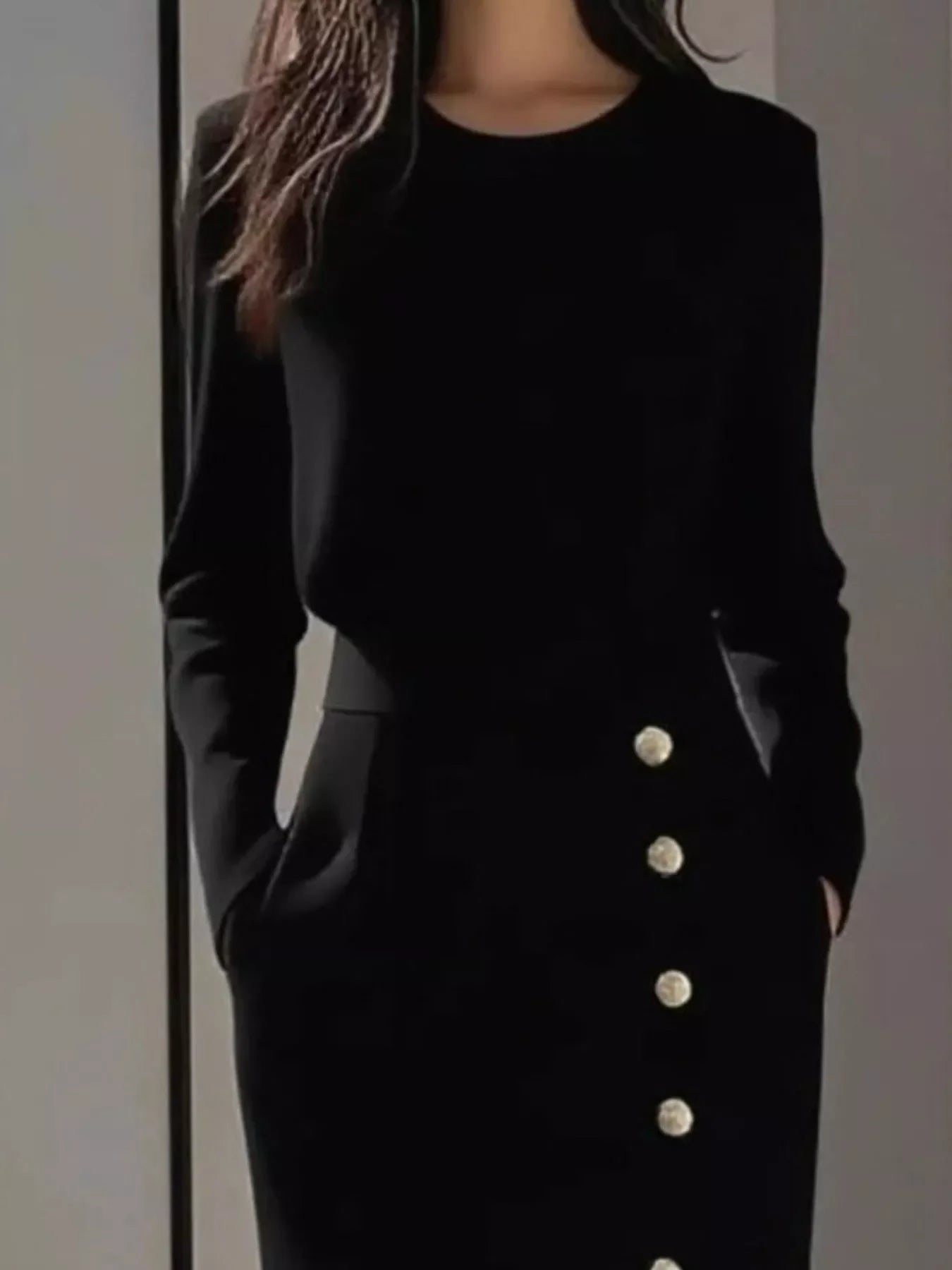 Long Sleeve Button Detail Midi Dress with Slit and Pockets