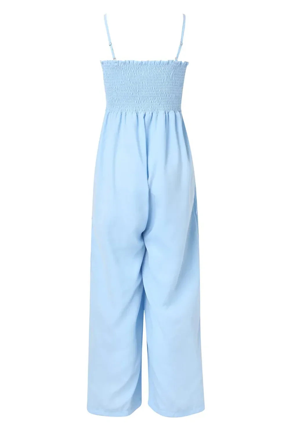 Light blue sleeveless jumpsuit with smocked bodice and wide-leg pants on white background