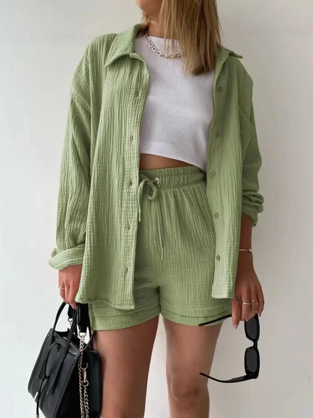 Button Up Shirt and Drawstring Shorts Set Textured Women