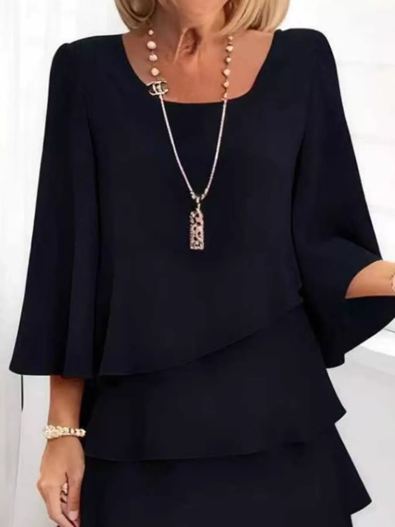 Plus Size Ruffled Tiered 3/4 Sleeve Dress