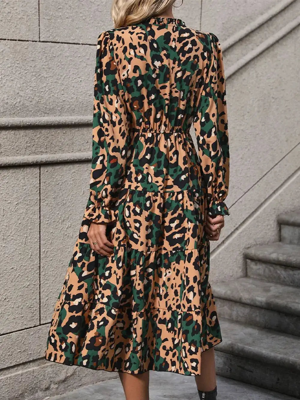 Leopard print flounce sleeve midi dress - side view