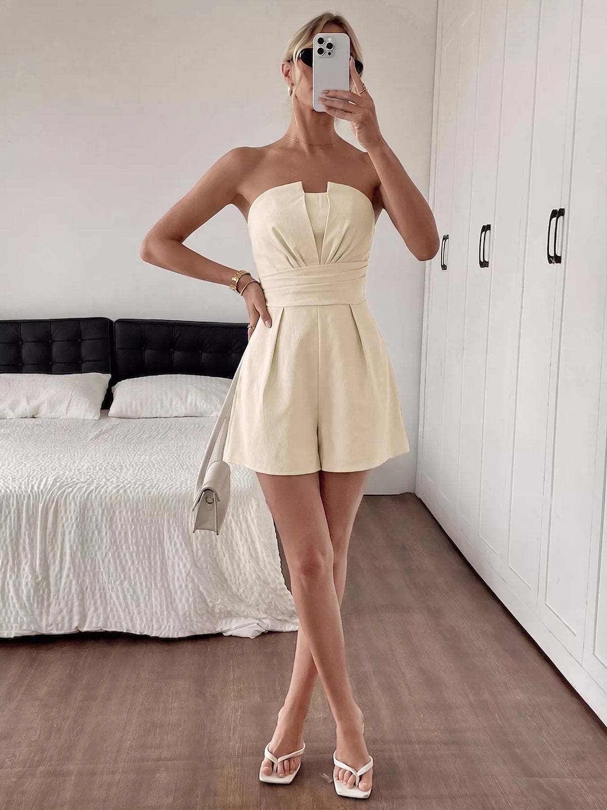 Flirty apricot strapless romper for summer and going out
