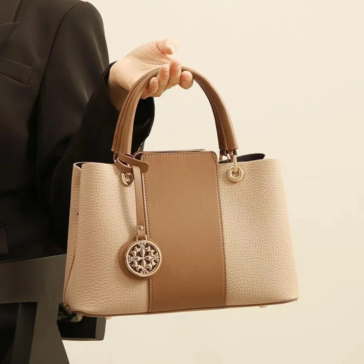 Two Tone Leather Top Handle Handbag – Medium Chic Bag