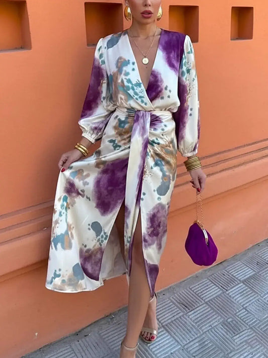 Purple abstract print midi dress with tie waist - side view