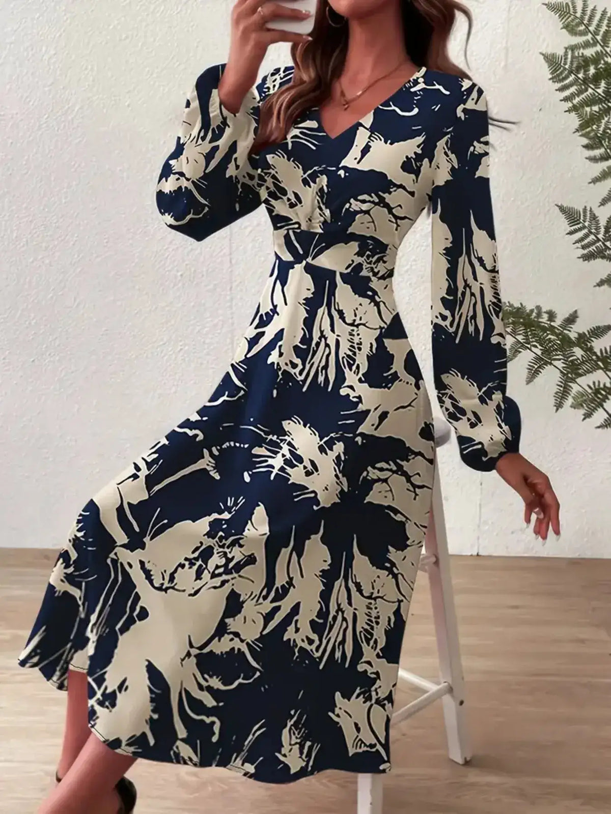 Indigo long sleeve printed midi dress - detail