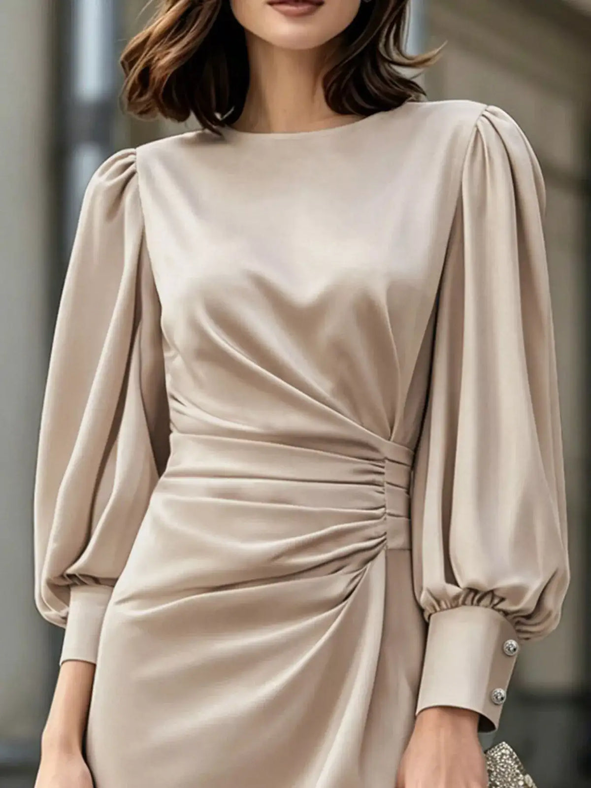 Champagne satin midi dress by Evie's Dreamland with puff sleeves and ruched waist detailing.