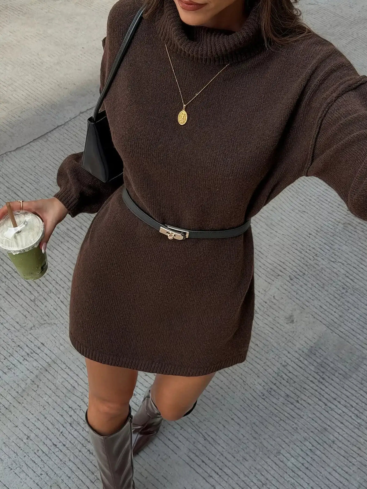 Women's long sleeve knit dress with turtleneck