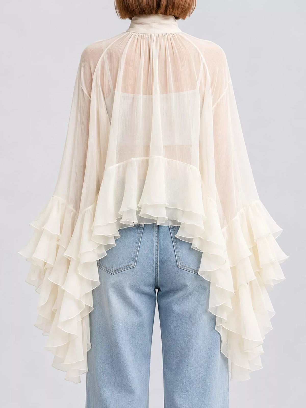 Off-white ruffled turtleneck blouse - back view