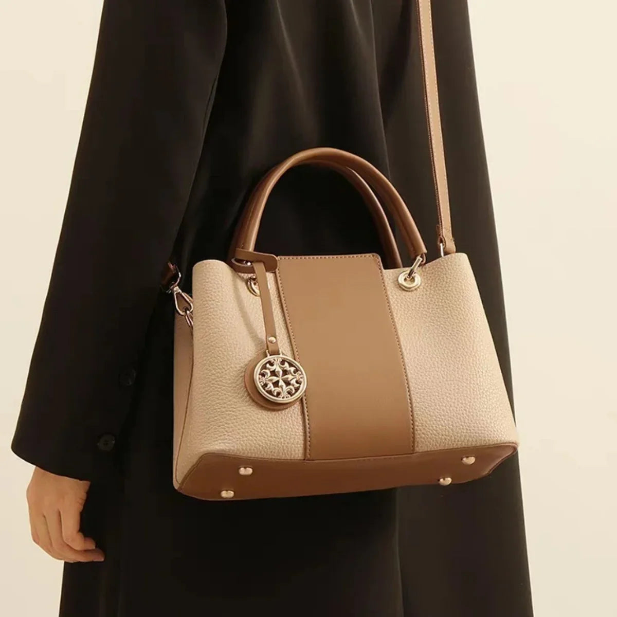Two Tone Leather Top Handle Handbag – Medium Chic Bag